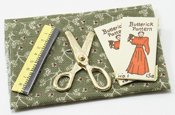 OakridgeStores.com | INTERNATIONAL MINIATURES - Fabric, Measuring Tape, Pattern/Scissors, Green Floral - Dollhouse Miniature (65209) 731851652093