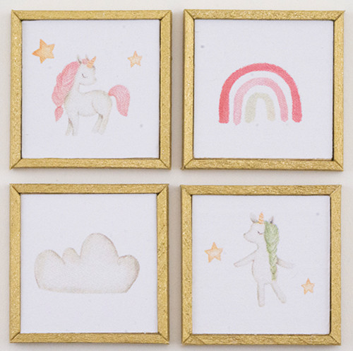 OakridgeStores.com | KC Pictures - Unicorn Picture Set - set of 4 - 1" Scale Dollhouse Miniature (KF37)