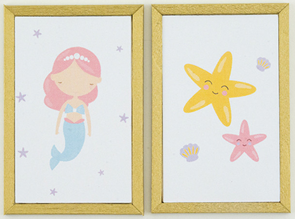 OakridgeStores.com | KC Pictures - Mermaid Picture Set - 2 pieces in a gold frame - 1" Scale Dollhouse Miniature (KF45GLD)