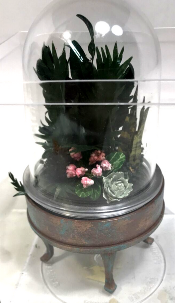 RESALE SHOP - Dollhouse 1" Scale Foliage and Flowers on Round Table with Dome - OOAK - NEW