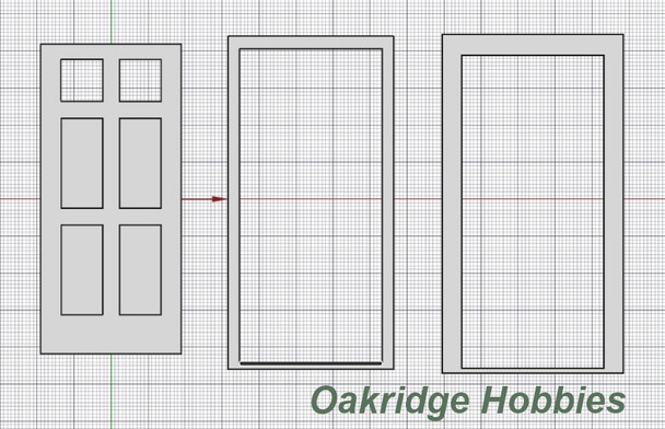 Oakridge Minis - Residential Inset 4 Panel Door with 2 Pane Window, Frame and Trim - 3' x 7' Scale Size - 1" Scale 1:12 Model Miniature - 1046-12