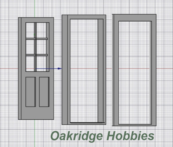 OakridgeStores.com | Oakridge Minis - Residential Inset Panel Door with Half Window with Mullions, Frame and Trim - 3' x 7' Scale Size - HO Scale 1:87 Model Miniature - 1051-87