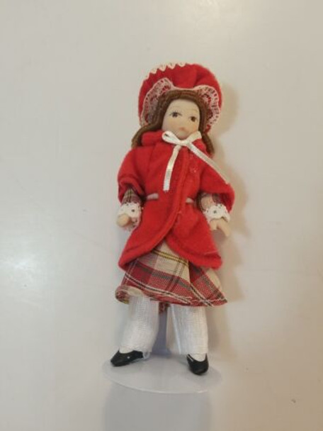 RESALE SHOP - Dollhouse Miniature 1:12 Doll With Stand Girl In Red Coat And Plaid Dress