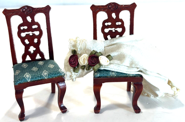 RESALE SHOP - 1:12 Dollhouse Chairs With OOAK Wedding Dress - preowned