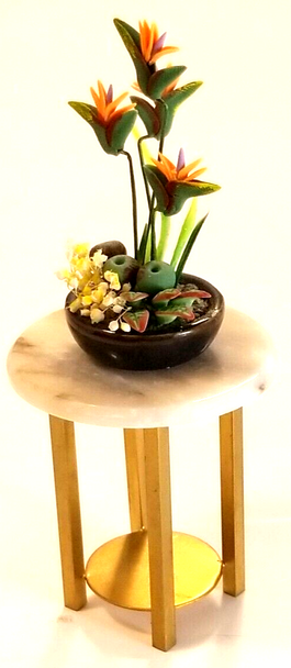 RESALE SHOP - OOAK 1:12 Artisan JG Dollhouse Marble Side Table With Flower Pot - preowned