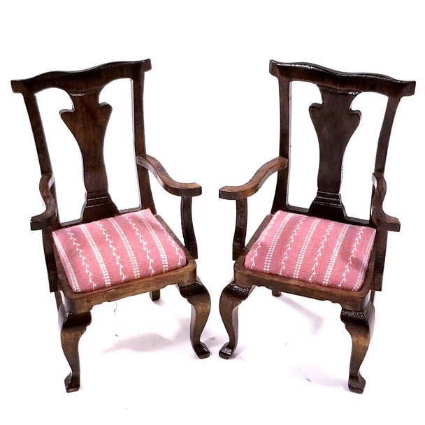 RESALE SHOP - Dollhouse 1:12 Pair Of Walnut Dining Room Chairs - fabric seat -NEW- no box