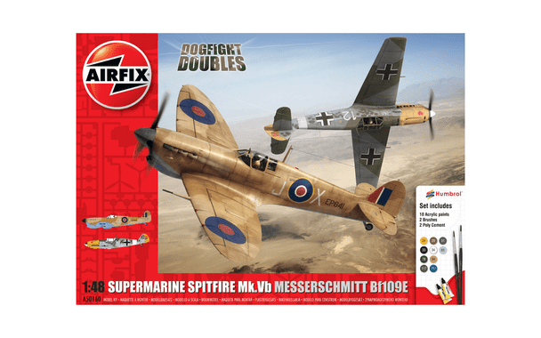 OakridgeStores.com | AIRFIX - Supermarine Spitfire Mk.Vb Messerschmitt Bf109E Dogfight Double Gift Set 1:48 Scale Plastic Model Airplanes (2) Kit - A50160 5014429501609