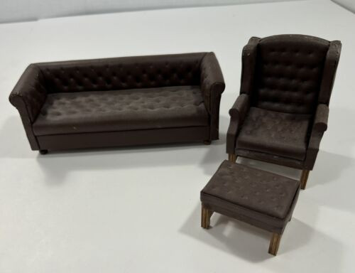 RESALE SHOP - VTG 1:12 Dollhouse Concord Brown Sofa With Wing Chair And Ottoman