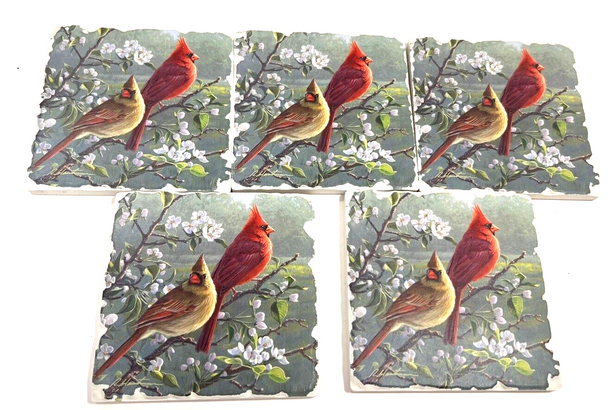 RESALE SHOP - Lot Of 5 Counter Art Cardinals Tumbled Stone Tile Coasters - cork bottom -new
