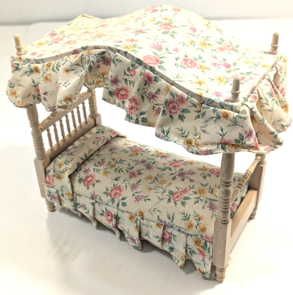 RESALE SHOP - 1:12 Dollhouse Light Wooden Canopy Bed - missing a finial- preowned