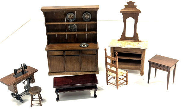 RESALE SHOP - LOT OF 1:12 Dollhouse Wooden Furniture Cabinets Tables And Chairs - preowned
