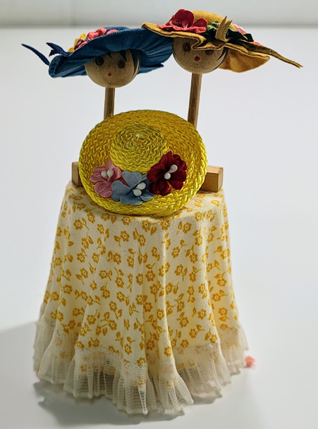 RESALE SHOP - OOAK 1:12 Yellow Table With Patterned Skirt And Hat Displays