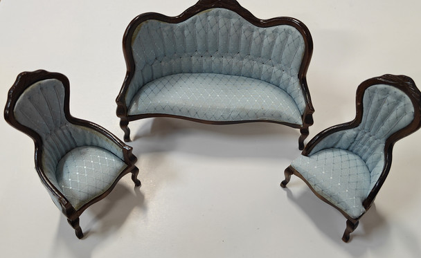 RESALE SHOP - Dollhouse Miniature 1:12 Set Of Walnut Plush Armchairs And Plush Sofa Light Gray