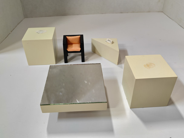 RESALE SHOP - Dollhouse Miniature 1:12 White Wood Block + Reflective Glass Table & Black Chair