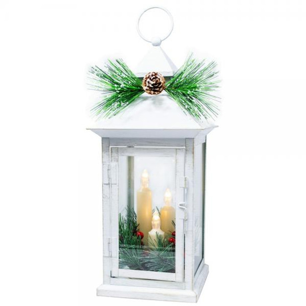 OakridgeStores.com | Gift Essentials - Taper Metal Lantern with Pine and Berry Accents - LED Candles - GE1036 645194086012