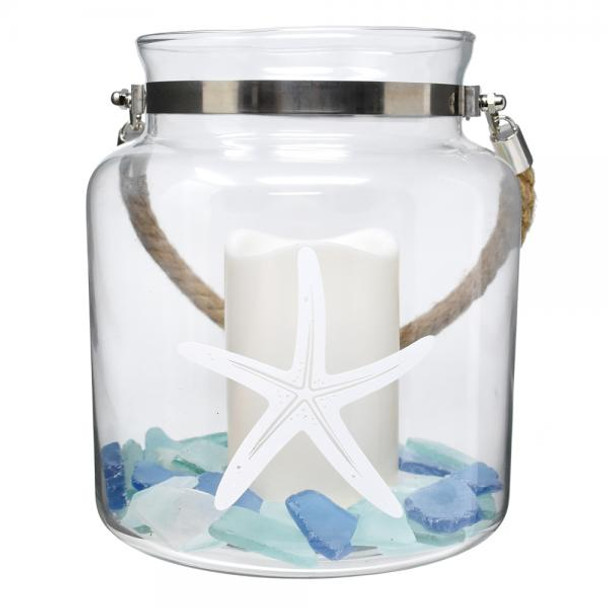 OakridgeStores.com | Gift Essentials - Coastal - 8 Inch Glass Canister with LED Pillar and Seaglass - GE3066 645194085923