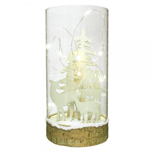 OakridgeStores.com | Gift Essentials - Wooden Deer Scene - 8 Inch LED Cylinder - GE3080 645194086197