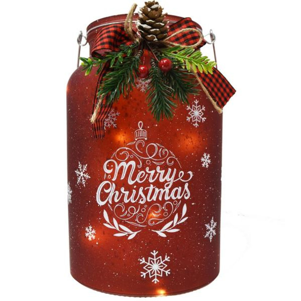 OakridgeStores.com | Gift Essentials - Merry Christmas Canister - Red Glass with LED String Lights - GE445 645194089228