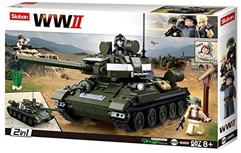 OakridgeStores.com | Sluban - T-34 Medium WW2 Tank with Mini Figures ( 2 in 1 Set ) - 687 Pieces - Brick Building Set M38-B0689 6938242955601