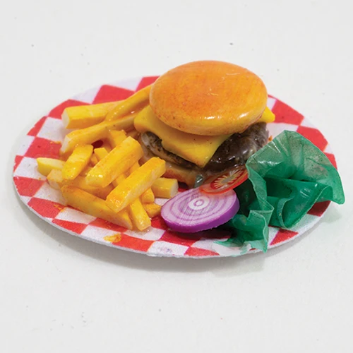 OakridgeStores.com | Artisan Creations - Hamburger with Fries & Toppings on Checkered Plate - 1:12 Scale Dollhouse Miniature Food - 209