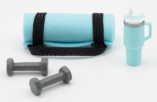 OakridgeStores.com | Artisan Creations - Blue Exercise Set - Yoga Mat, Weights & Tumbler - 1" Scale Dollhouse Miniature - 305