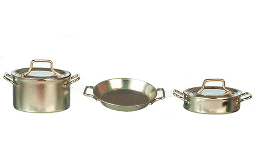 OakridgeStores.com | Aztec - Pots and Pans with Lids - Nickel - 5 Pc Set - 1" Scale Dollhouse Miniature - B0108