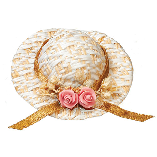 OakridgeStores.com | Aztec - Straw Hat with Pink Flower - Clothing Accessory - 1:12 Scale Dollhouse Miniature - B0290