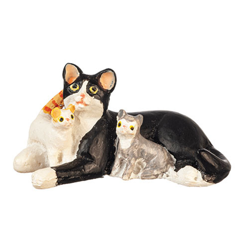 OakridgeStores.com | Aztec - Cat with Kittens - Black/White - 1" Scale Dollhouse Miniature Figure - E0142