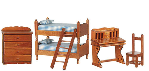 OakridgeStores.com | Aztec - Bunkbed Set, 5 pcs - Bedroom Furniture, Walnut - 1 Scale Dollhouse Miniature - T6349 717425563491