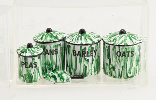 OakridgeStores.com | Carrudus - Oats, Beans, Barley, Peas Kitchen Canister Set, Green Flow - 1" Scale Dollhouse Miniature - 0841