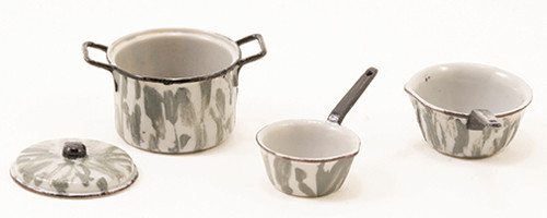OakridgeStores.com | Carrudus - Pan Set, Gray & White Graniteware, 3 Pans, 1 Lid - 1" Scale Dollhouse Miniature - 0847