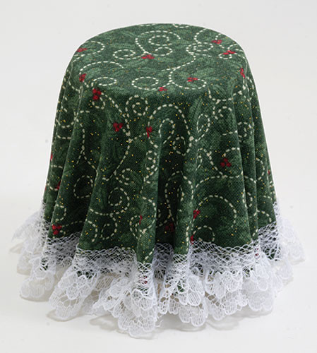 OakridgeStores.com | Chrysnbon - Skirted Table - Green Christmas Hearts Pattern with Lace Trim - 1:12 Scale Dollhouse Miniature - 174 749939403994