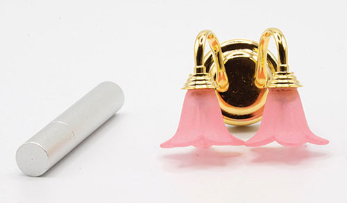 OakridgeStores.com | Miniature House - LED Battery Double Wall Sconce w/ Pink Tulip Shade, Brass, Wand - 1" Scale Dollhouse Miniature Light - 52014PK