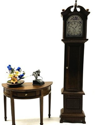 RESALE SHOP - VTG Dollhouse 1:12 Half-Round Hall Table with Walnut Grandfather Clock - BOST-HALL-LN5527
