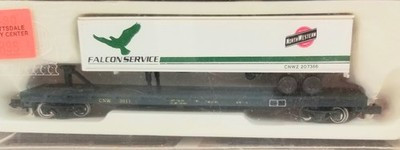RESALE SHOP - Con-cor N Scale 60' Flat W/ Trailer Chicago & NW 328 "Falcon Service" - SHGU-CONBOX328-NOB5352