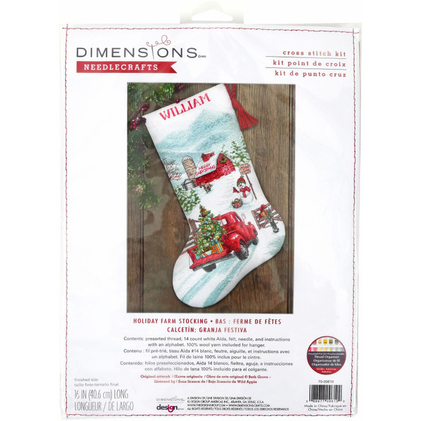 OakridgeStores.com | Dimensions - Holiday Farm Stocking - Vintage Farm with Red Truck, Barn & Snowman - Counted Cross Stitch Kit, 14 Count, 16 inches - 70-09619 088677096199