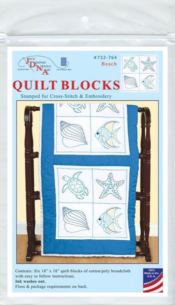 OakridgeStores.com | Jack Dempsey - Beach - Stamped Cross Stitch White Quilt Blocks 18 x 18, 6/Pkg - 732-764 013155477641