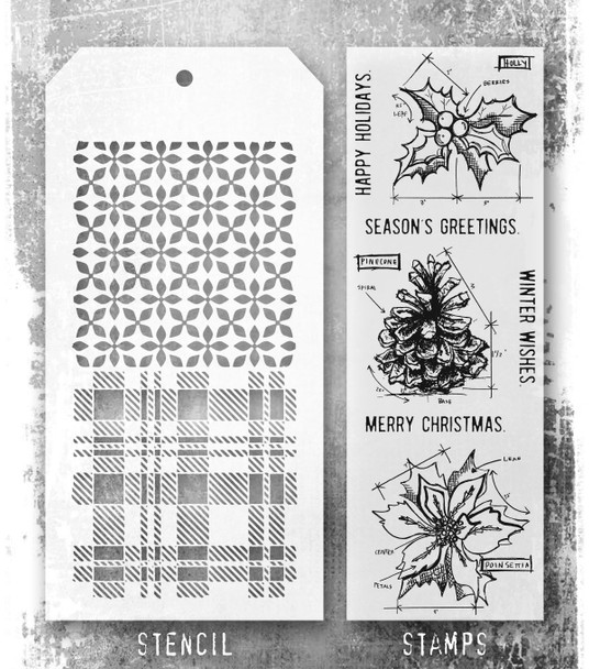 OakridgeStores.com | Tim Holtz - Stampers Anon - Blueprint Christmas #2 - Mixed-Media Clear Stamps & Layering Stencil - THMM192