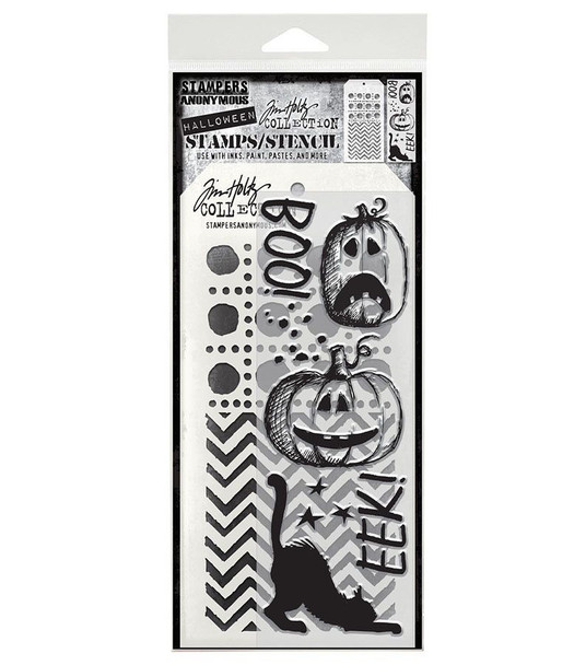OakridgeStores.com | Tim Holtz - Stampers Anon - EEK A Boo - Mixed Media Stamp & Stencil Set - THMM195