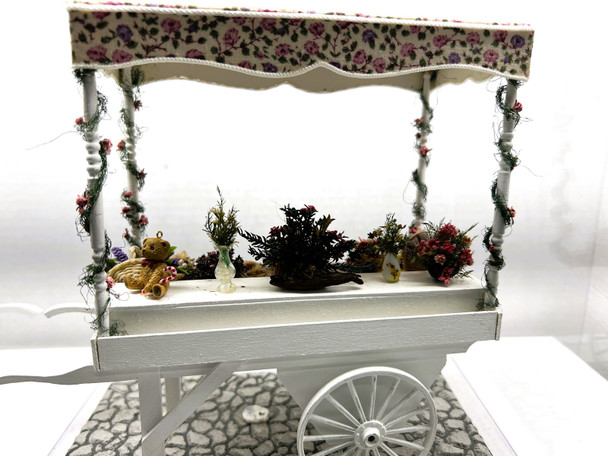 RESALE SHOP - Artisan-created 1:12 White Flowercart with Canopy on Cobblestone Street (READ) - BABE-FLOWERCART-NOB7161