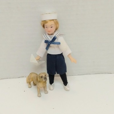 RESALE SHOP - Aztec 1:12 Town Square Victorian Child in Sailor Suit w/ Paper Boat & Dog - CIMA-G7625-NOB7243