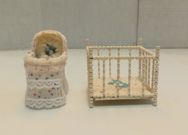 RESALE SHOP - VTG 1:12 Crib and Bassinet with Care Bear Theme - DASI-CAREBEARCRIBS-NS7175