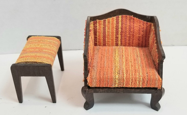 RESALE SHOP - Dollhouse Arm Chair With Fabric Stool 1" Orange/ Yellow Fabrics - RUMA-CHRSTL-LN7235