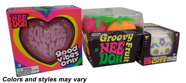 NeeDoh Good Vibes Only Hearts Bundle - Good Vibes Only Heart, Groovy Fruit & Sugar Skull Cat (Assorted Styles & Colors)