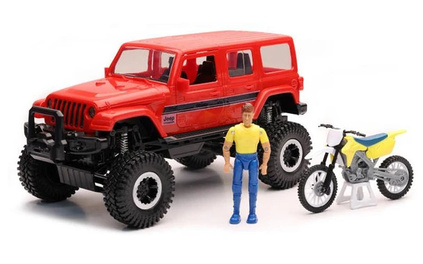 OakridgeStores.com | NEWRAY - Jeep Sahara in Red with Dirt Bike & Posable Figure - Plastic Model Set - 37446-B 093577374469