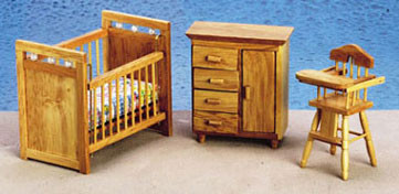 AZTEC - 1 Inch Scale Dollhouse Miniature Nursery Room Furniture - 3 Piece Oak Nursery Set (AZ00312) 717425031204
