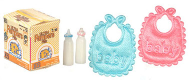 AZTEC - Diaper Box, Bibs and Bottles - 1 Inch Scale Dollhouse Miniature (G8052) 717425880529