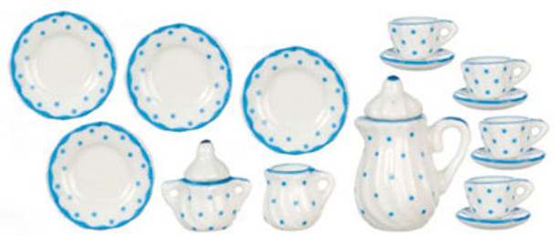 AZTEC - Tea Set- Blue Dots- 11 pieces - 1 Inch Scale Dollhouse Miniature (G8458) 717425684585