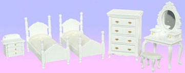 AZTEC - 1 Inch Scale Dollhouse Miniature Bedroom Furniture - Twin Bedroom Set 6 pcs White (AZT5669) 717425556691
