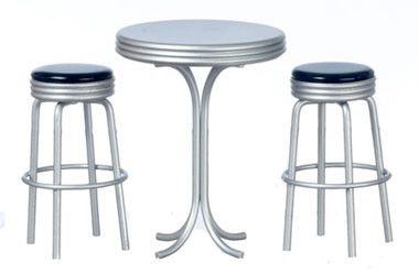 AZTEC - 1" Scale Dollhouse Miniature Furniture: Tall Table With Two Stools - Black AZT5915